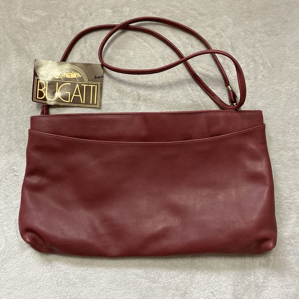 VTG Bugatti Leather Shoulder Bag Medium Purse Red Oxblood Rectangular Minimalist